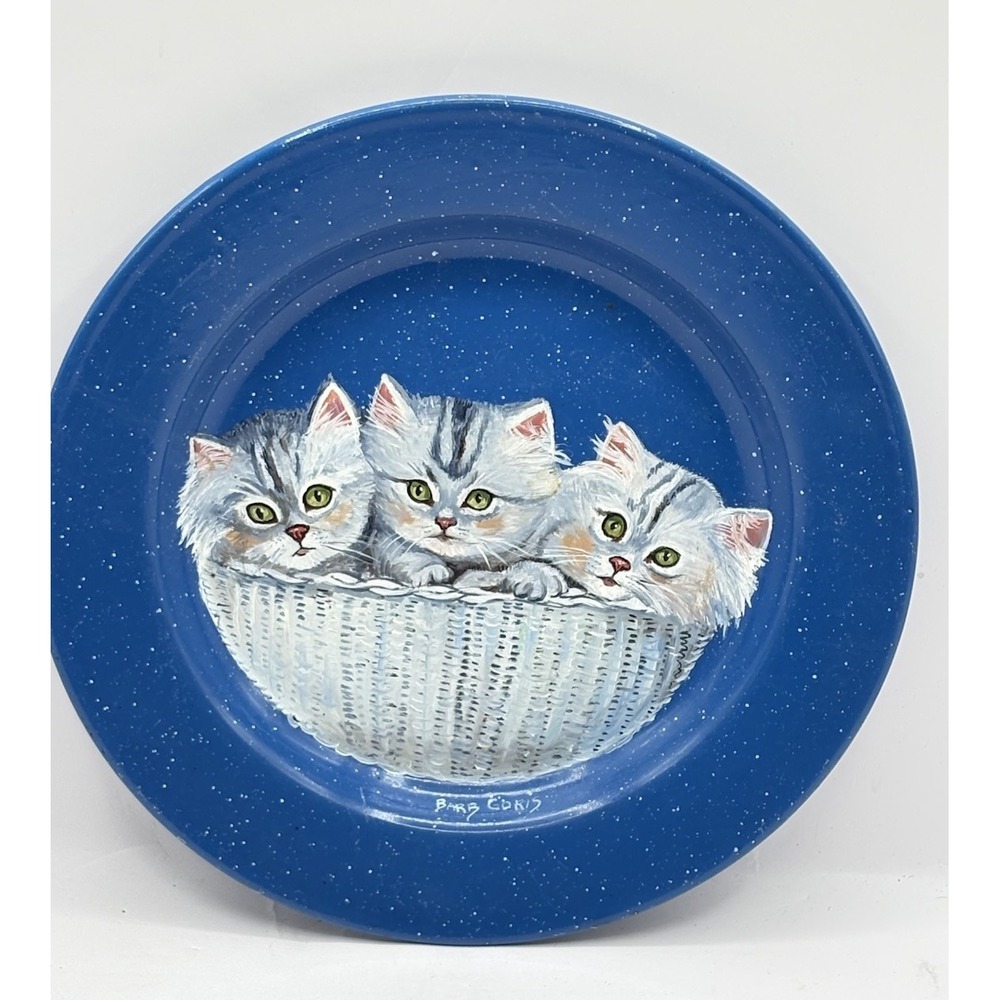 Vtg Blue Speckled Enamel Plate Painted Three Kittens Folk Art Barb Goris 10"